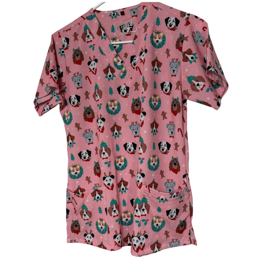 Revel Premium Stretch Pink Christmas Dogs Scrub Top V-Neck Small Holiday Print